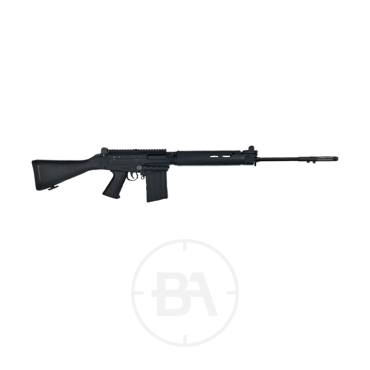 Lee Enfield L1A1 Self Loading CO2 BB Rifle 1 The Lee Enfield L1A1 Self Loading CO2 BB Rifle, featuring a black finish, long barrel, fixed stock, pistol grip, and detachable magazine, is displayed on a white background.