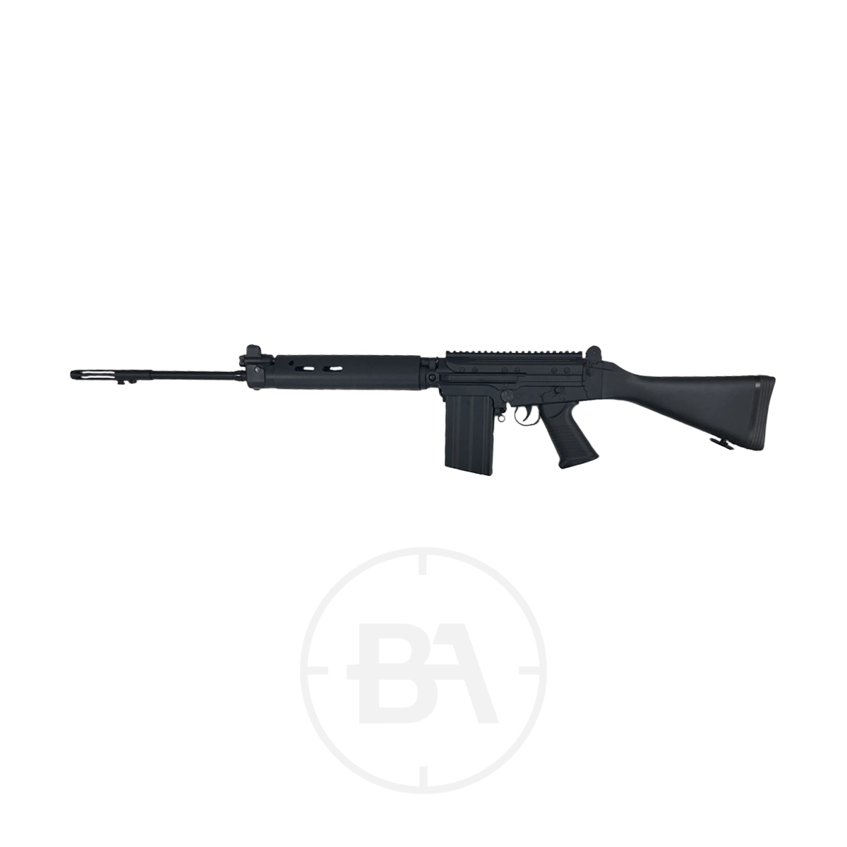 Lee Enfield L1A1 Self Loading CO2 BB Rifle 2 The Lee Enfield L1A1 Self Loading CO2 BB Rifle, in black with a long barrel, adjustable rear sight, and detachable magazine, is displayed against a white background.