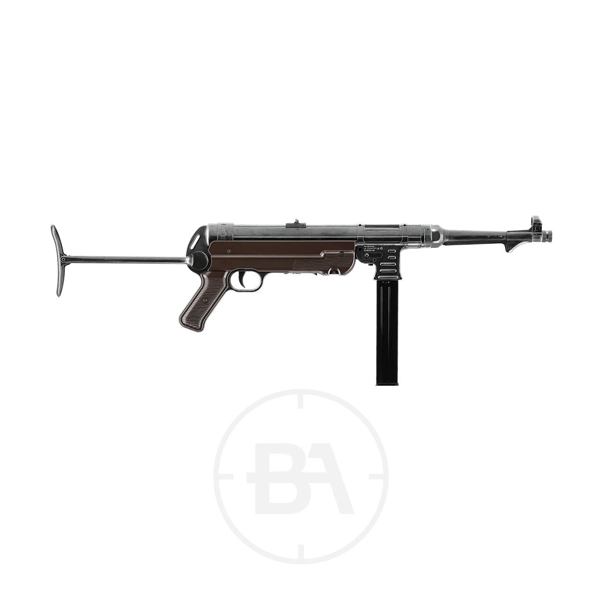 Umarex Legends MP German C02 BB Air Rifle 11 The Umarex Legends MP German CO2 BB Air Rifle, styled after a World War II submachine gun with a folding metal stock and straight magazine, is shown on a white background.