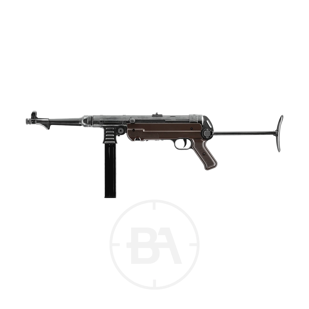 Umarex Legends MP German C02 BB Air Rifle 13 The Umarex Legends MP German CO2 BB Air Rifle features a folded metal stock and brown grip, shown on a white background.