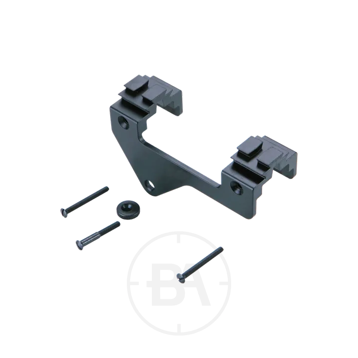 Walther Lever Action Scope Mount 2 A Walther Lever Action Scope Mount in black metal with two clips is displayed next to three screws and a small round washer on a white background.