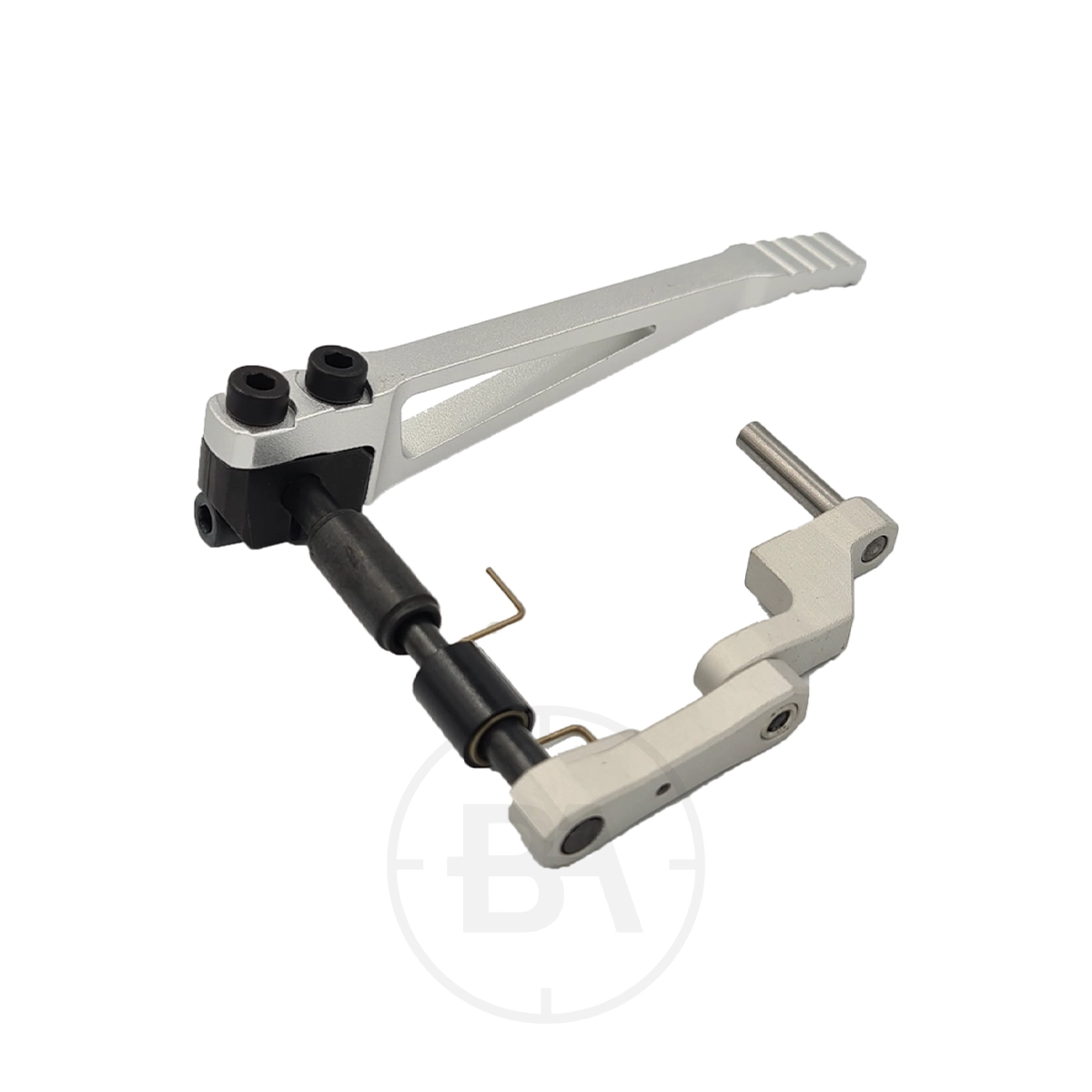 Feinwerkbau Cocking Link Assembly Upgrade 1 A silver and black mechanical lever featuring hinge and spring components, the Feinwerkbau Cocking Link Assembly Upgrade is showcased on a white background.