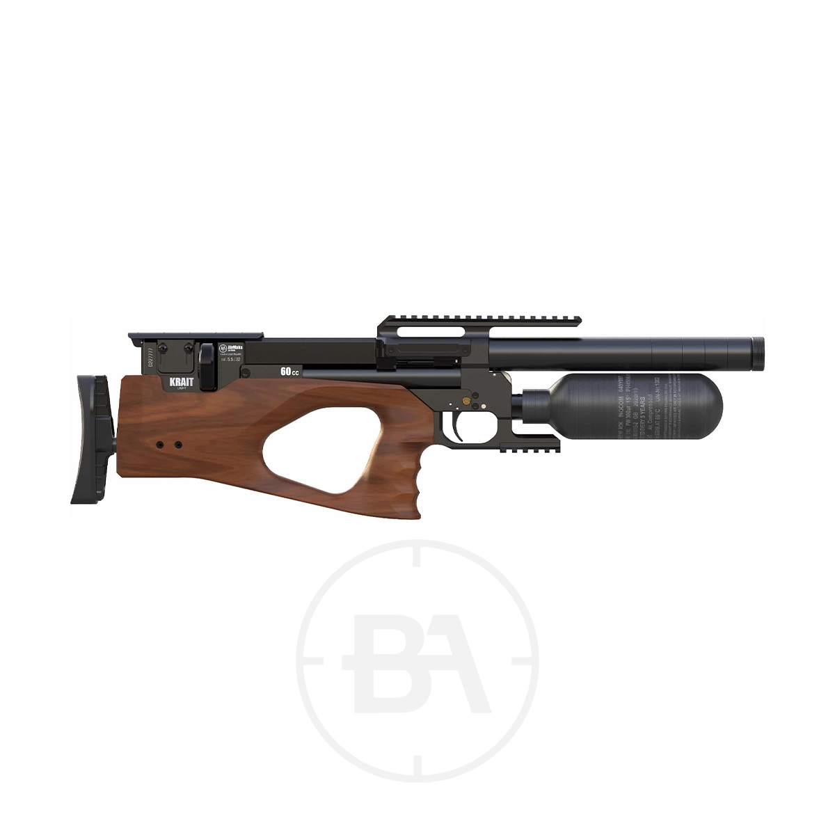 AirMaks Krait Lite PCP Air Rifle With Hard Case 1 Side view of a high-powered air rifle with a wooden stock, black metal barrel, attached air cylinder, and tactical rail system.