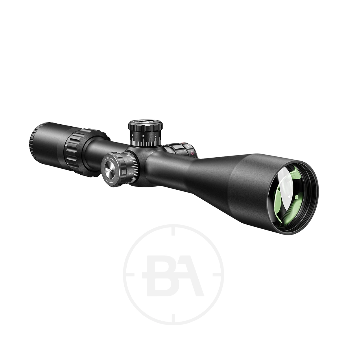 Valiant Lynx 4-16x50 Mil Dot Rifle Scope 3 The Valiant Lynx 4-16x50 Mil Dot Rifle Scope in matte black, with adjustment dials and green-tinted lenses, features a precise Mil Dot reticle and is displayed against a white background with a subtle circular logo.