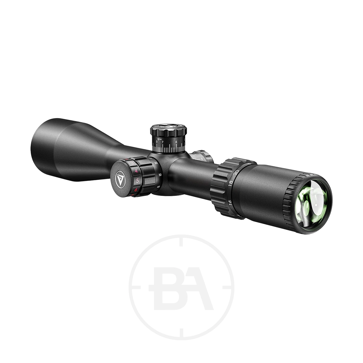 Valiant Lynx 4-16x50 Mil Dot Rifle Scope 5 A Valiant Lynx 4-16x50 Mil Dot Rifle Scope in black, featuring adjustment knobs and a green-tinted lens, is shown on a white background with a subtle Valiant logo watermark.