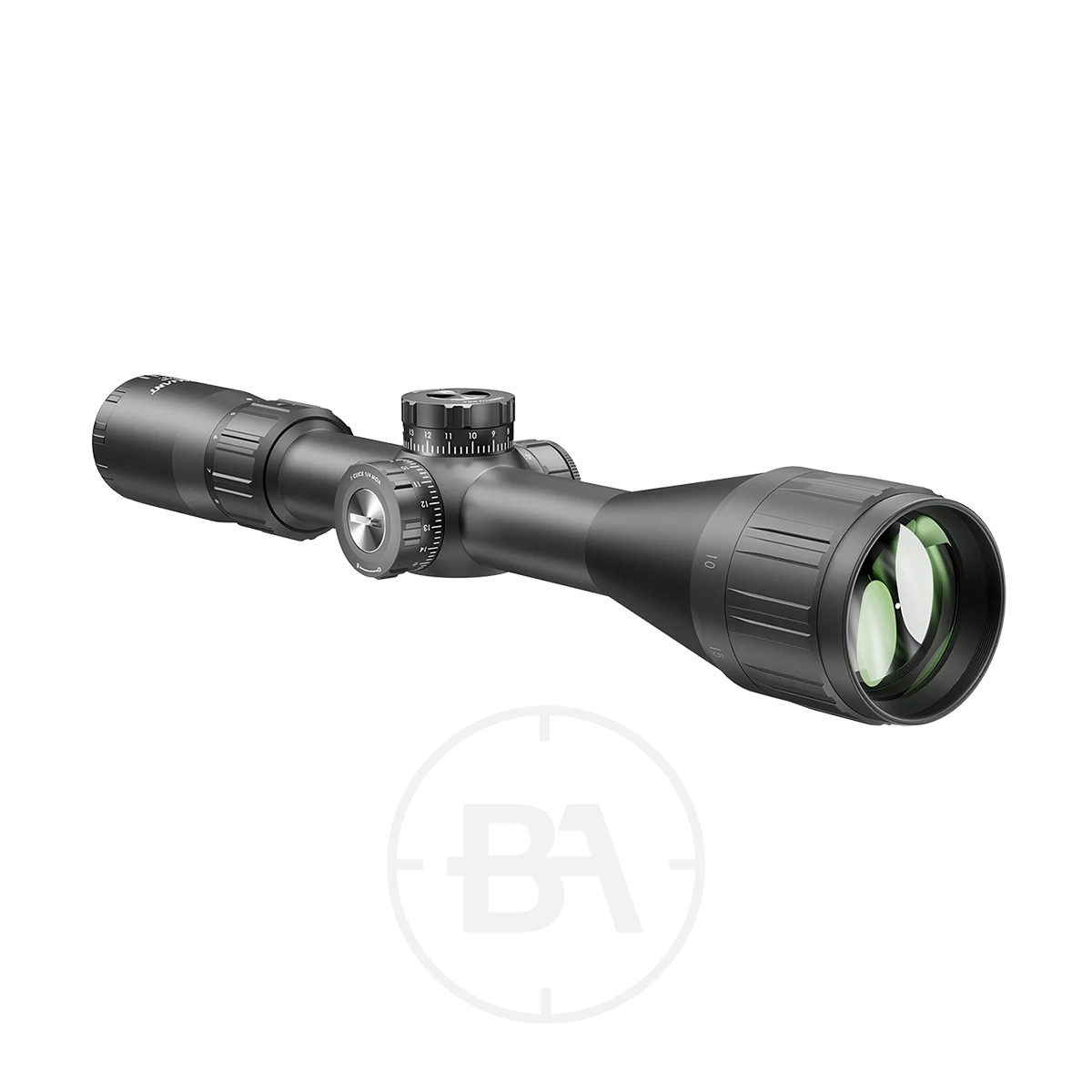 Valiant Lynx 3-9x40 Mil Dot Rifle Scope 5 The Valiant Lynx 3-9x40 Mil Dot Rifle Scope in black features adjustment knobs and green-tinted optics, shown angled to highlight both the lens and Mil Dot side controls.