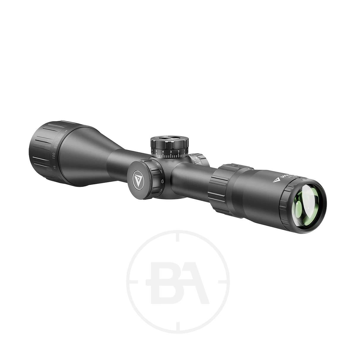 Valiant Lynx 3-9x40 Mil Dot Rifle Scope 3 A Valiant Lynx 3-9x40 Mil Dot Rifle Scope, black with adjustment knobs and a green-tinted lens, displayed on a white background.