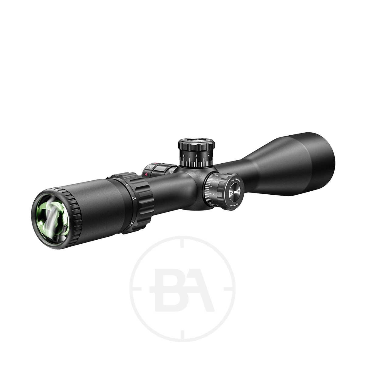 Valiant Lynx 4-16x50 Mil Dot Rifle Scope 7 The Valiant Lynx 4-16x50 Mil Dot Rifle Scope, shown angled on a white background, features a black finish, Mil Dot reticle, adjustment knobs, and a green-tinted lens.
