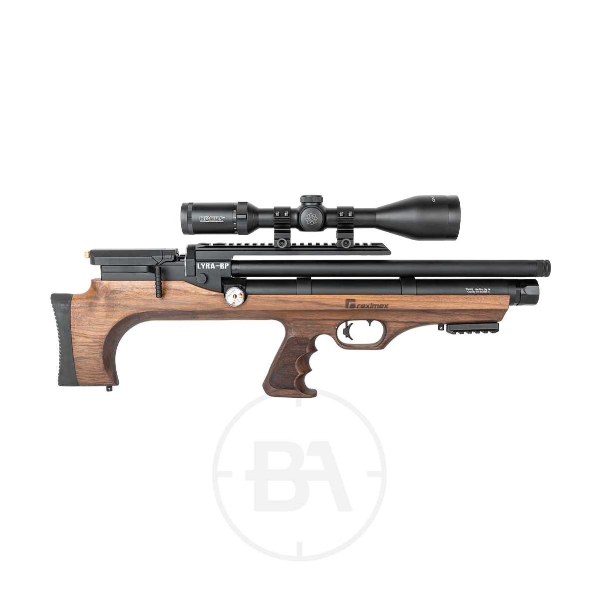 Reximex Lyra Bullpup PCP Air Rifle 1 The Reximex Lyra Bullpup PCP Air Rifle, featuring a wooden stock, mounted scope, and exposed air cylinder below the barrel, is shown against a white background.