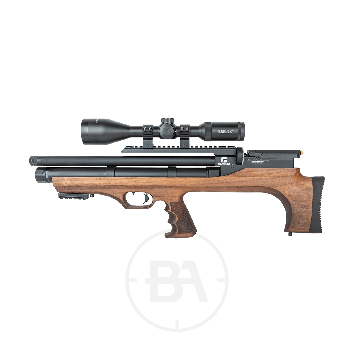 Reximex Lyra Bullpup PCP Air Rifle 2 The Reximex Lyra Bullpup PCP Air Rifle, featuring a wooden stock, black barrel, and mounted telescopic sight, is shown in profile against a white background.