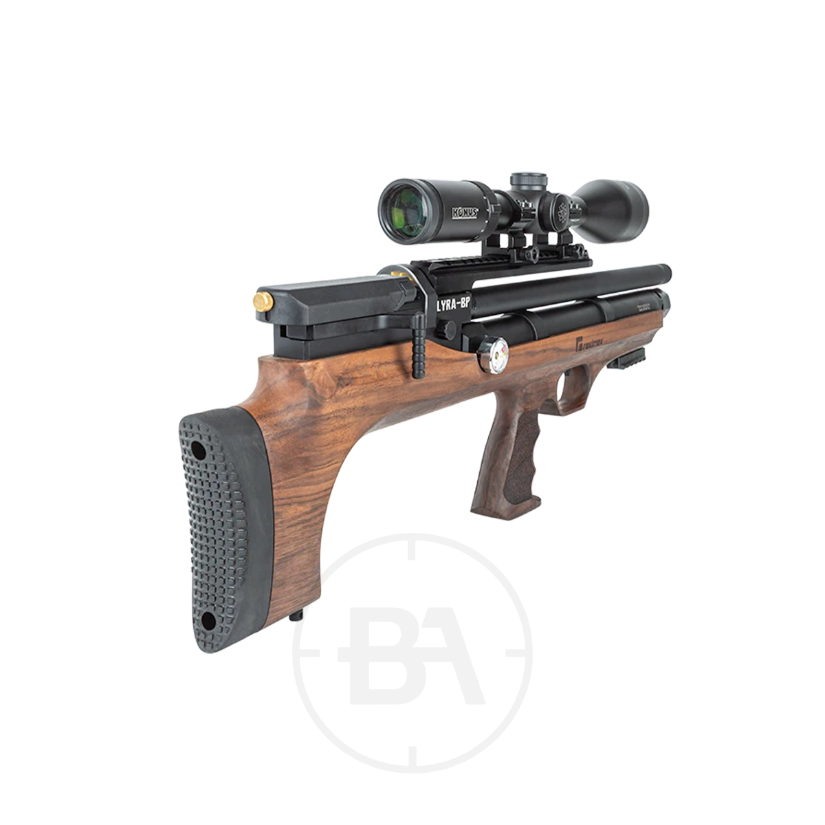 Reximex Lyra Bullpup PCP Air Rifle 3 The Reximex Lyra Bullpup PCP Air Rifle features a wooden stock, mounted scope, and adjustable cheek rest, displayed on a white background.