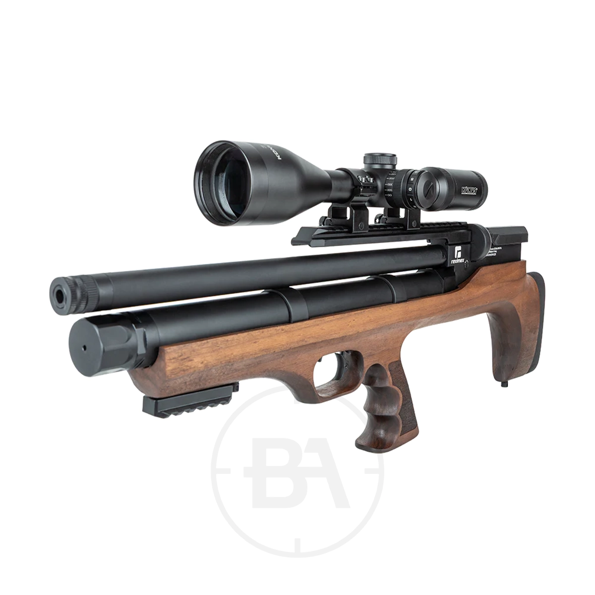 Reximex Lyra Bullpup PCP Air Rifle 4 The Reximex Lyra Bullpup PCP Air Rifle, shown in black with a wood finish and mounted scope, features a contoured grip and is displayed on a white background.