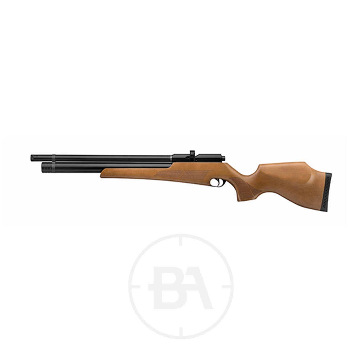 Snowpeak M16 PCP Air Rifle Wood 3 Side view of the Snowpeak M16 PCP Air Rifle Wood with a wooden stock and black finish, featuring a scope rail, isolated on a white background.
