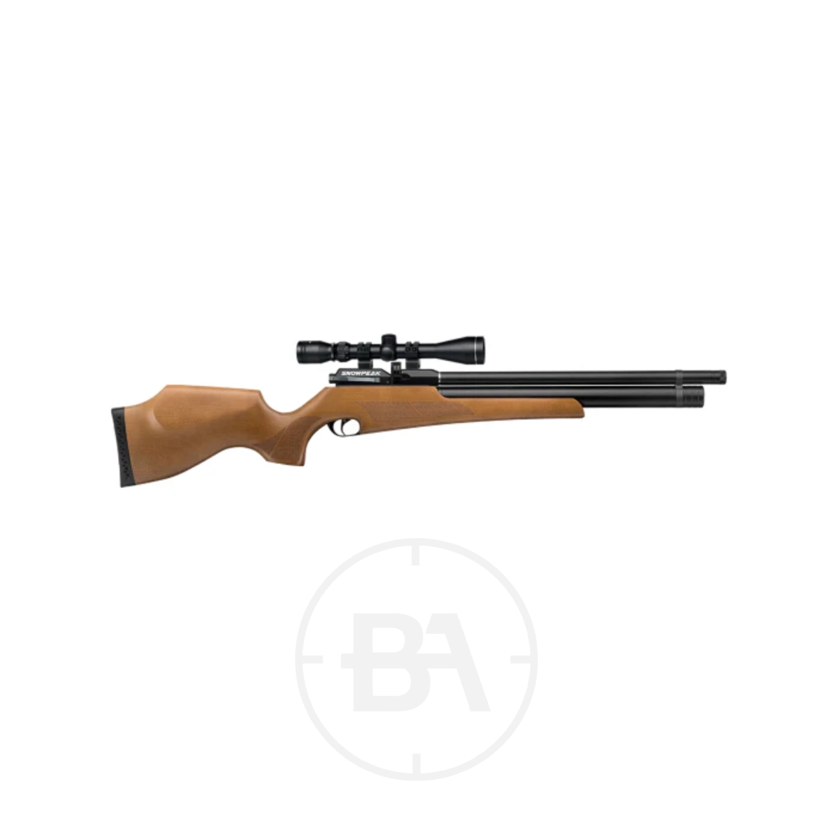 Snowpeak M16 PCP Air Rifle Wood 1 A side view of a Snowpeak M16 PCP Air Rifle Wood with a scope attached, displayed on a white background.