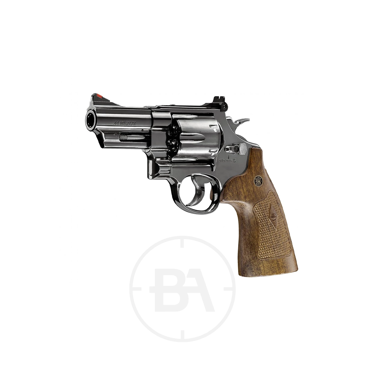 Smith & Wesson M29 3" CO2 Pistol 4.5mm BB 5 A silver Umarex Smith & Wesson M29 3" CO2 Pistol 4.5mm BB with a wooden grip and short barrel, shown on a white background.