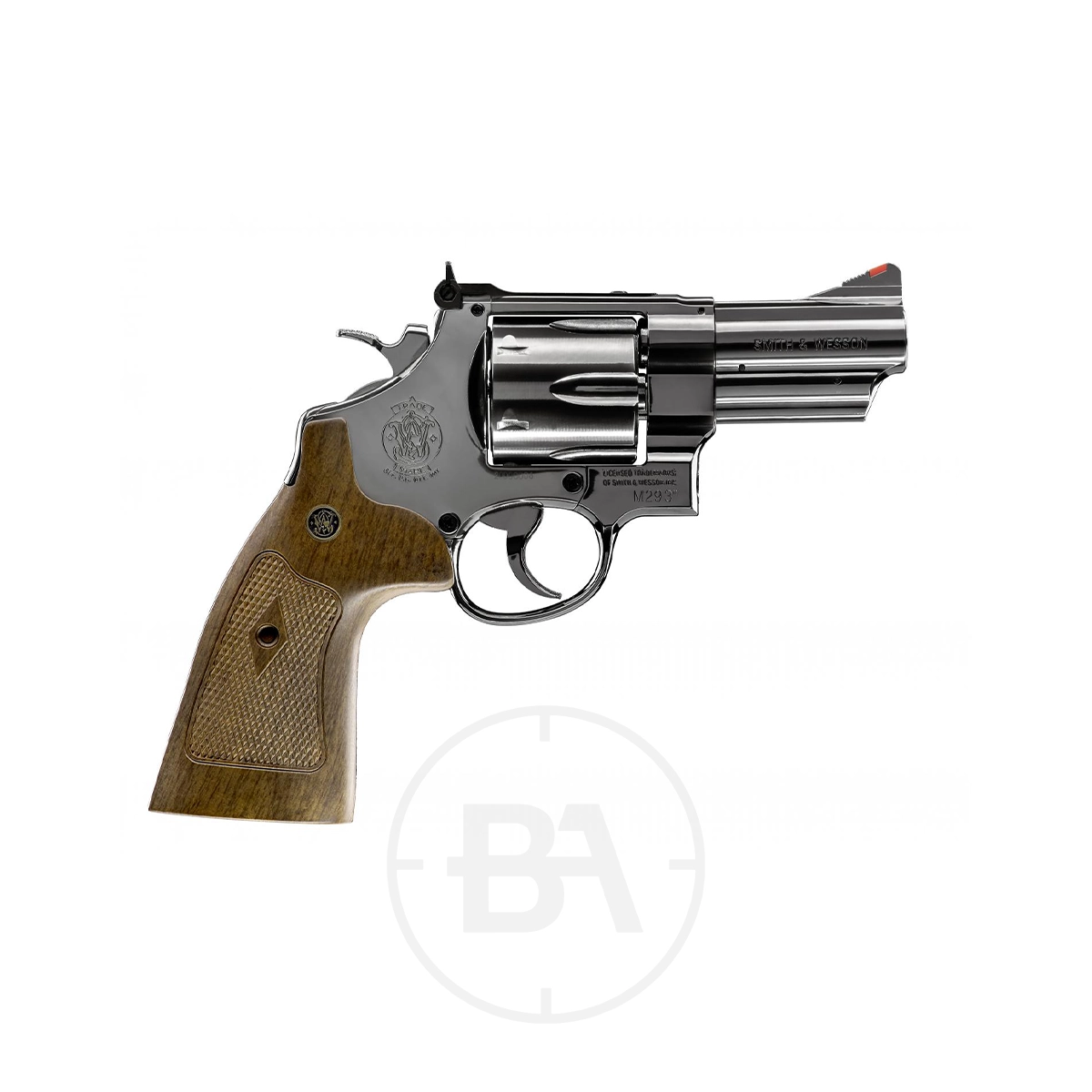 Smith & Wesson M29 3" CO2 Pistol 4.5mm BB 3 A silver Umarex Smith & Wesson M29 3" CO2 Pistol 4.5mm BB with a wooden grip is displayed in side profile against a white background.