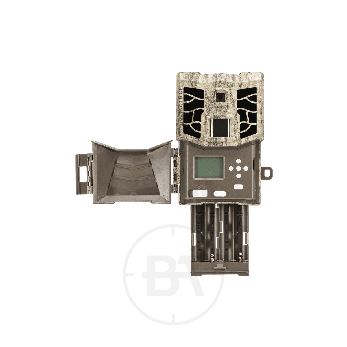 Covert MP32 Trail Camera 3 The Covert MP32 Trail Camera is shown with its side cover open, displaying empty battery slots, control buttons, and a digital display—perfect for monitoring wildlife.