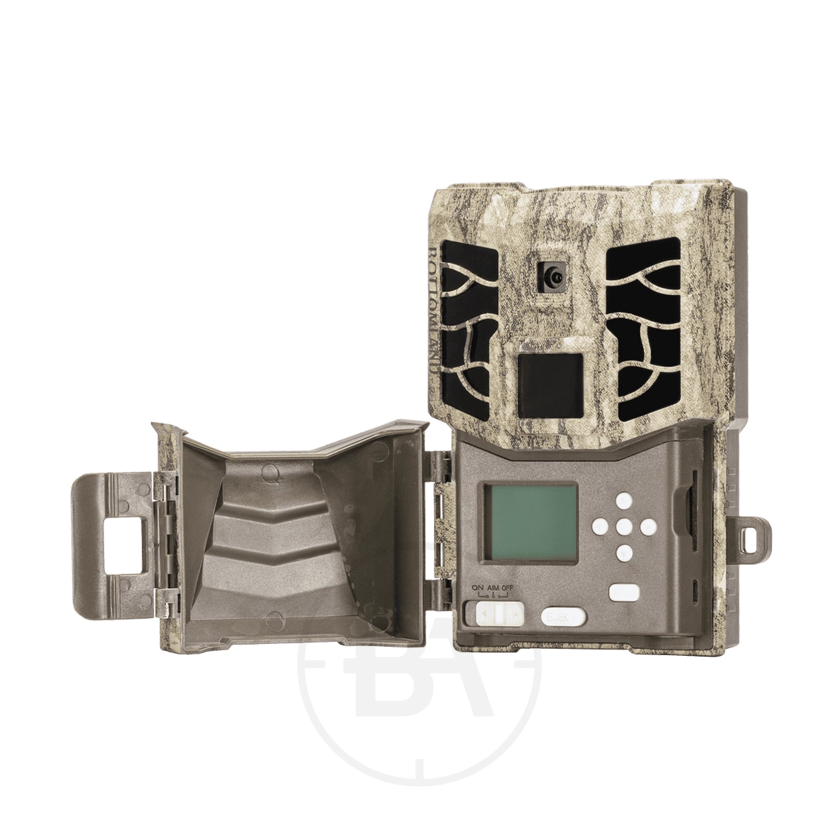 Covert MP32 Trail Camera 5 A Covert MP32 Trail Camera in camouflage pattern is shown with its front cover open, exposing the control panel, display screen, and buttons.