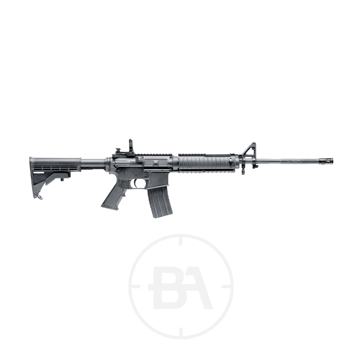 Colt M4 Spring Air Rifle .177 1 The Colt M4 Spring Air Rifle .177 in black features a collapsible stock, pistol grip, and detachable magazine, shown against a white background.