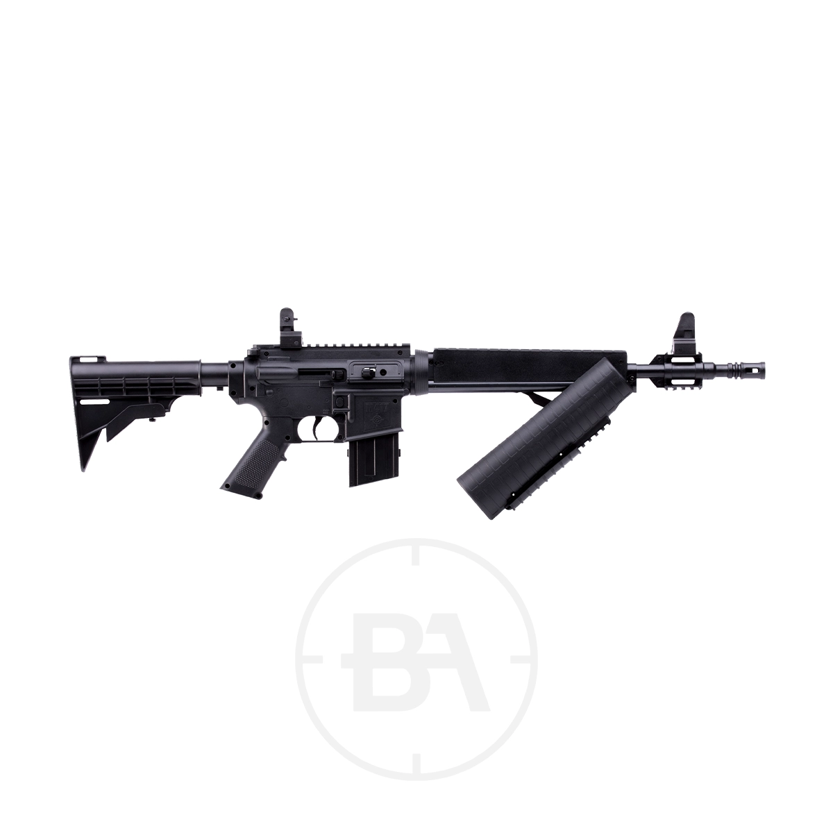 Crosman M4-177 Dual Ammo Pnuematic Air Rifle 3 The Crosman M4-177 Dual Ammo Pneumatic Air Rifle is shown in black with an adjustable stock, pistol grip, and magazine on a white background, highlighting its tactical design and versatile dual-ammo capability.