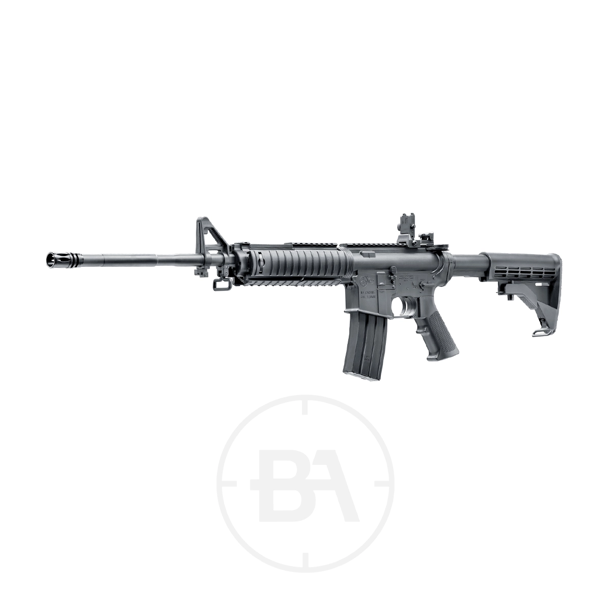 Colt M4 Spring Air Rifle .177 3 The Colt M4 Spring Air Rifle .177, featuring a black finish, collapsible stock, forward sight, and detachable magazine, is displayed on a plain white background.