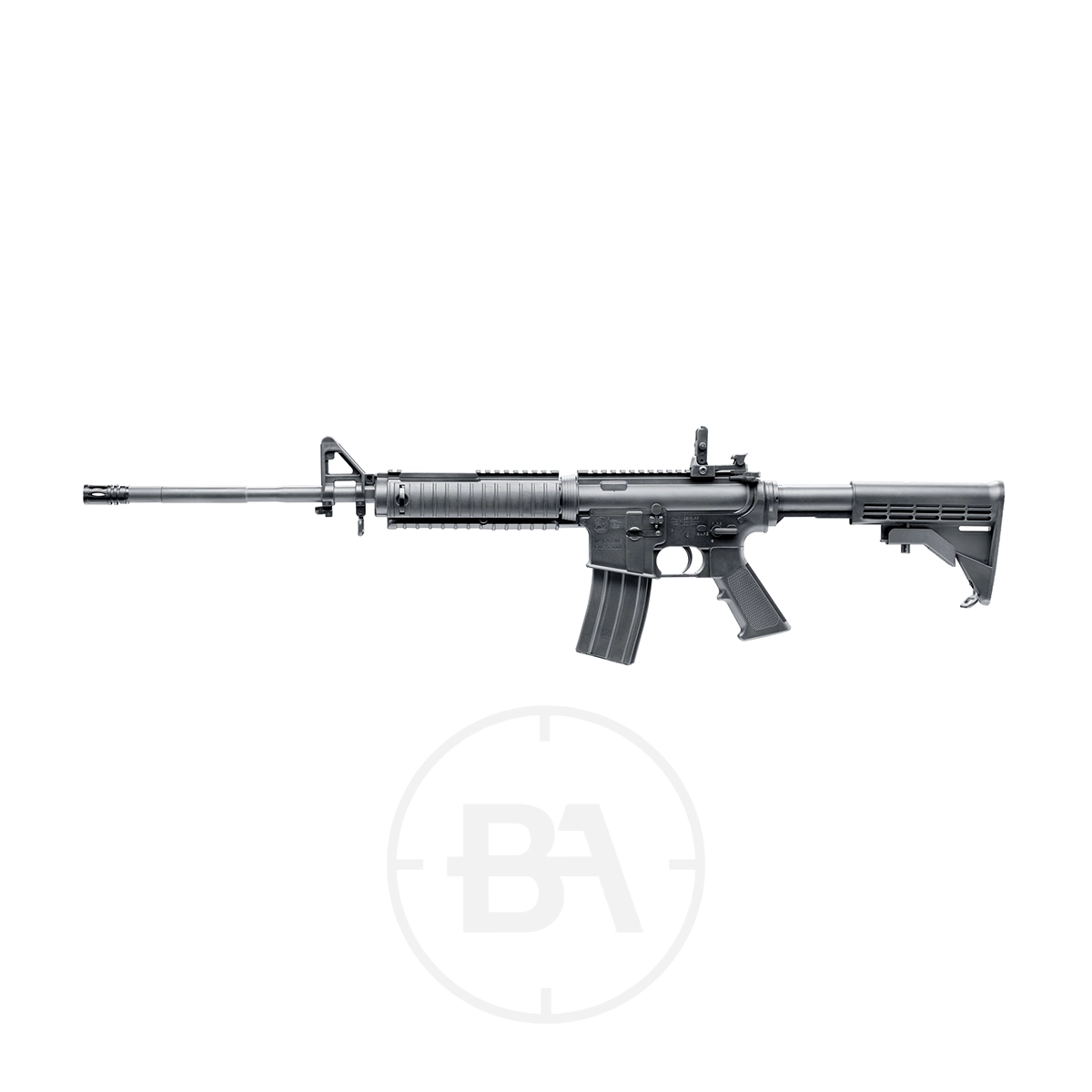 Colt M4 Spring Air Rifle .177 5 The Colt M4 Spring Air Rifle .177, a black semi-automatic-style replica with adjustable stock, pistol grip, and detachable magazine, is displayed on a white background—perfect for realistic .177 caliber spring air shooting practice.