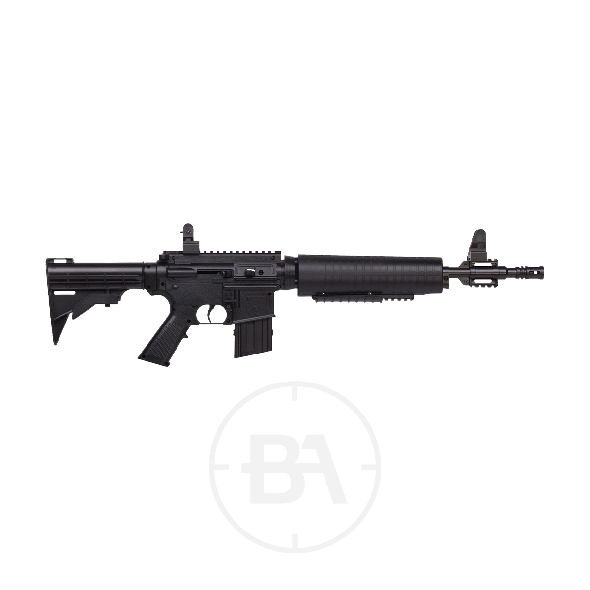 Crosman M4-177 Dual Ammo Pnuematic Air Rifle 1 A black Crosman M4-177 Dual Ammo Pneumatic Air Rifle with a collapsible stock, pistol grip, and front sight is shown on a white background.