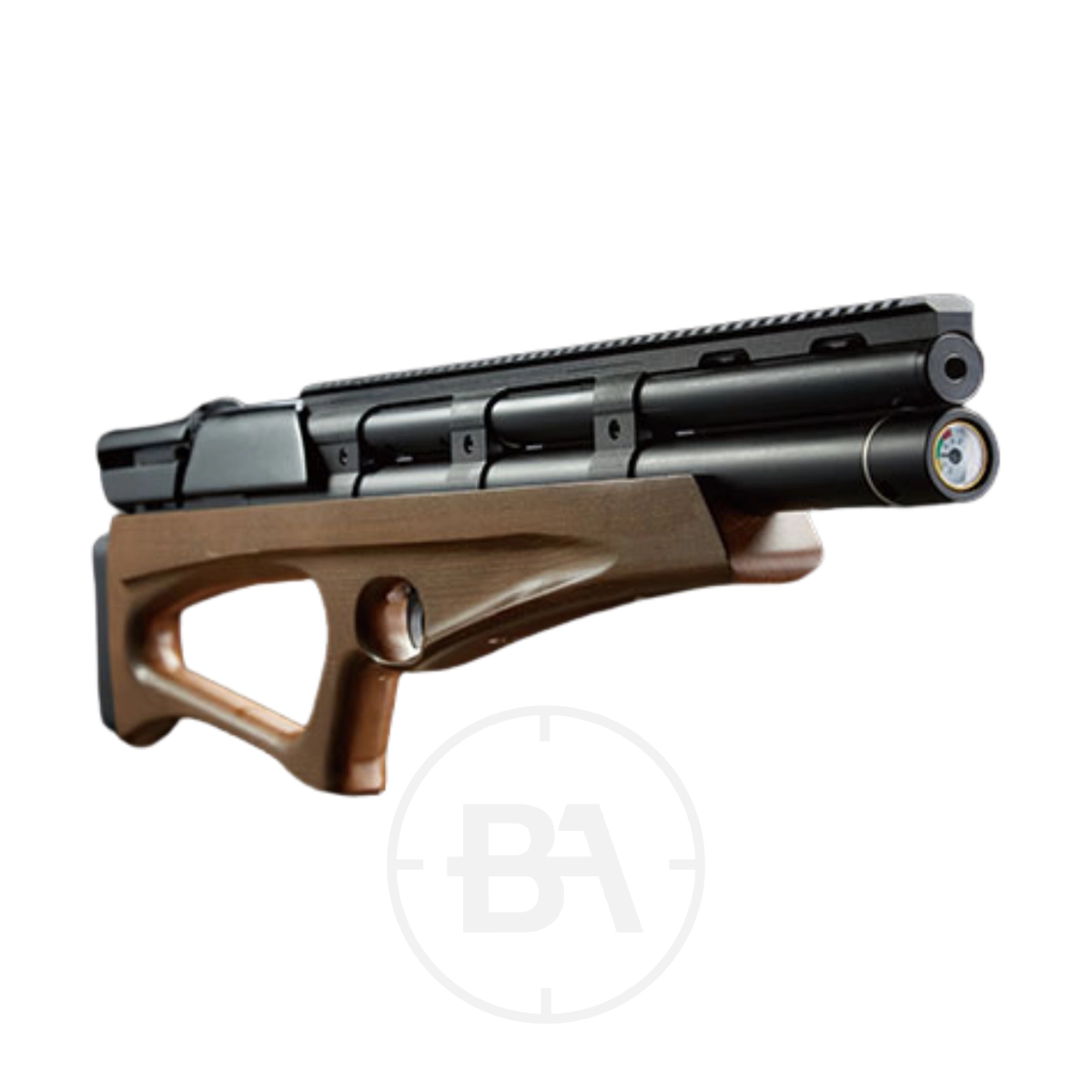 Snowpeak P40 Regulated Bullpup PCP Air Rifle 3 A modern black and bronze Snowpeak P40 Regulated Bullpup PCP Air Rifle with a compact design and ergonomic grip, shown against a white background.