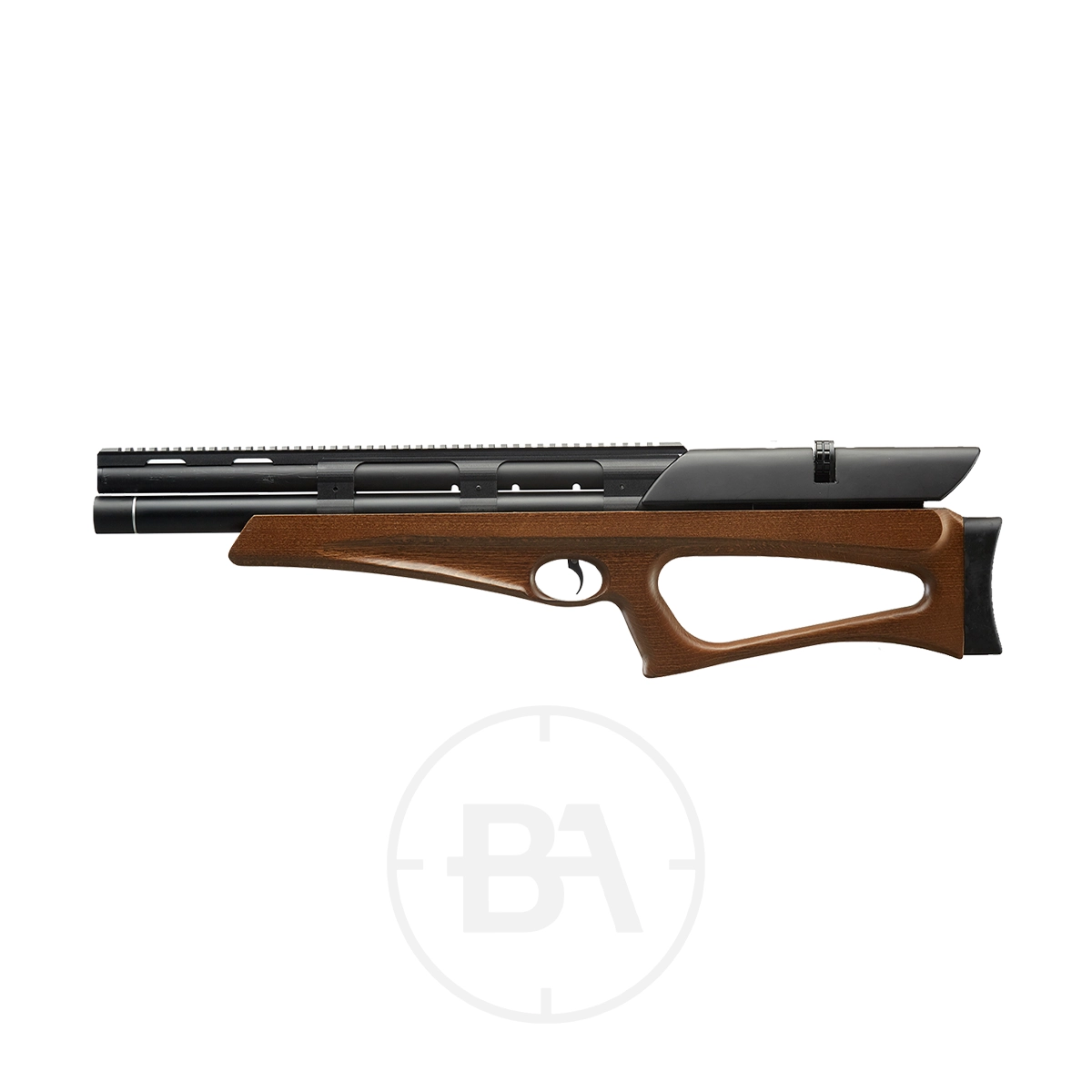 Snowpeak P40 Regulated Bullpup PCP Air Rifle 5 Side view of the Snowpeak P40 Regulated Bullpup PCP Air Rifle featuring a wooden stock and black barrel, displayed on a white background.