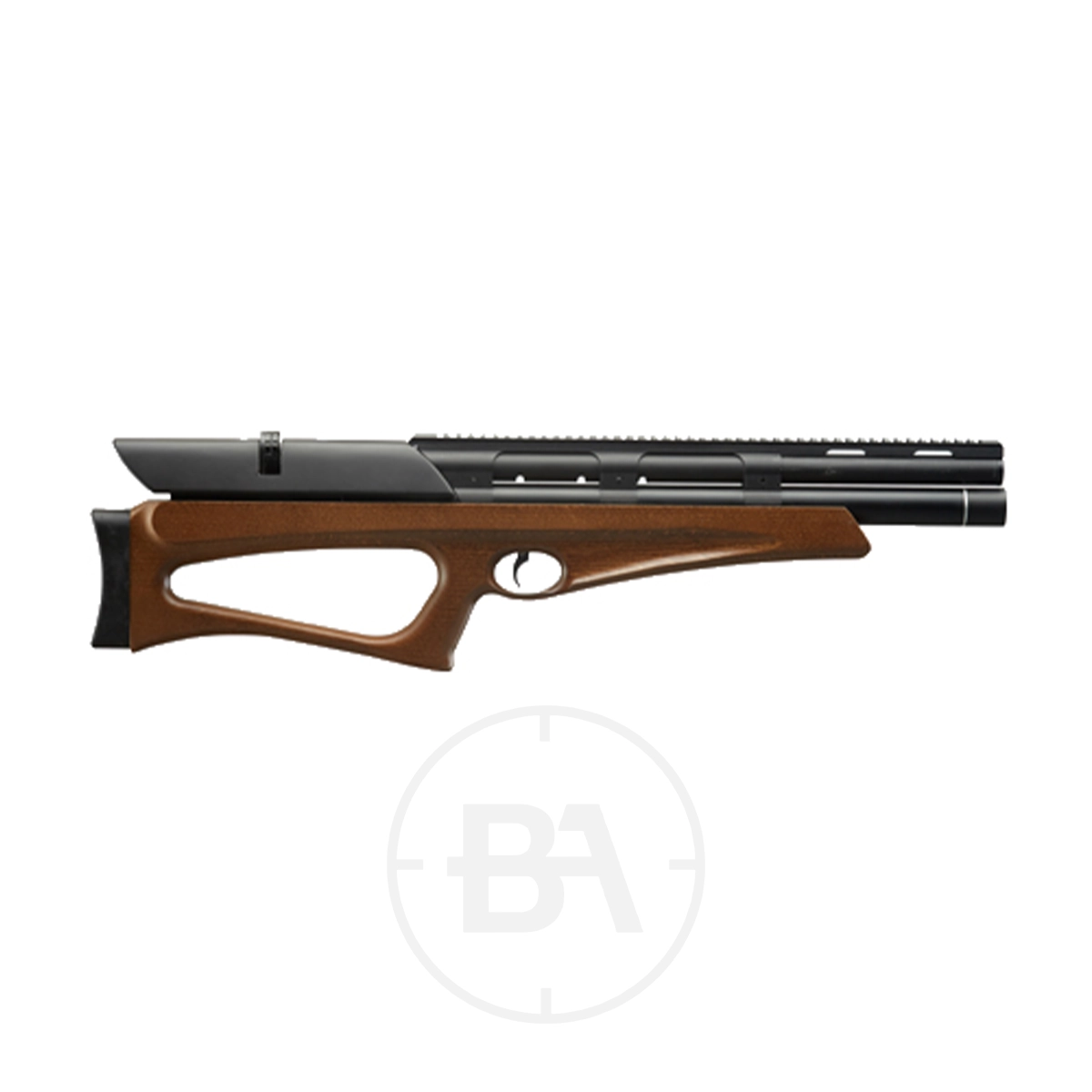 Snowpeak P40 Regulated Bullpup PCP Air Rifle 1 Side view of the Snowpeak P40 Regulated Bullpup PCP Air Rifle featuring a wooden stock, black barrel, and thumbhole grip, displayed on a plain white background.