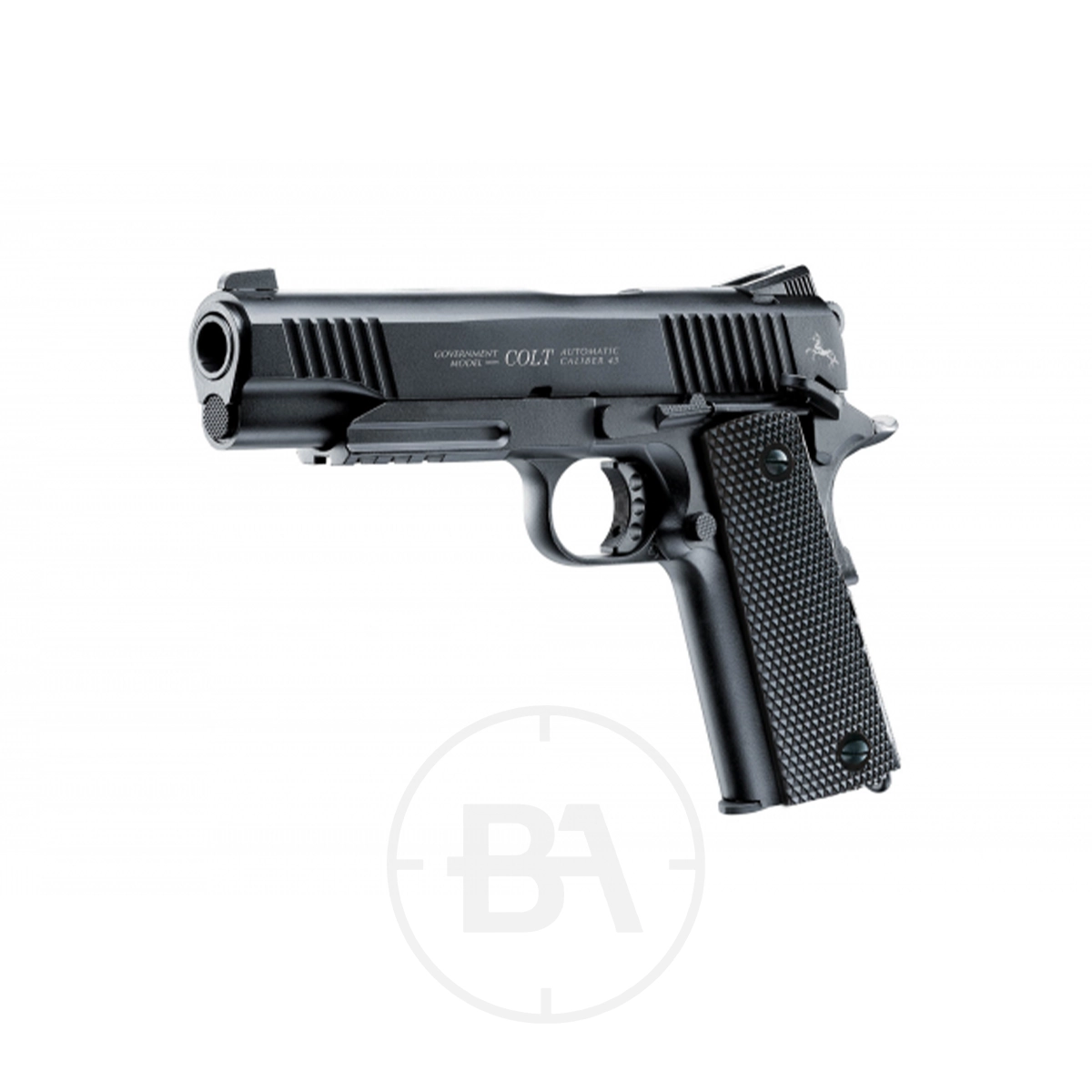 Colt M45 CQBP CO2 BB Pistol 3 The Colt M45 A1 CQBP CO2 Pistol is shown in profile against a white background, featuring a black finish, textured grip, and visible barrel, trigger, and slide.