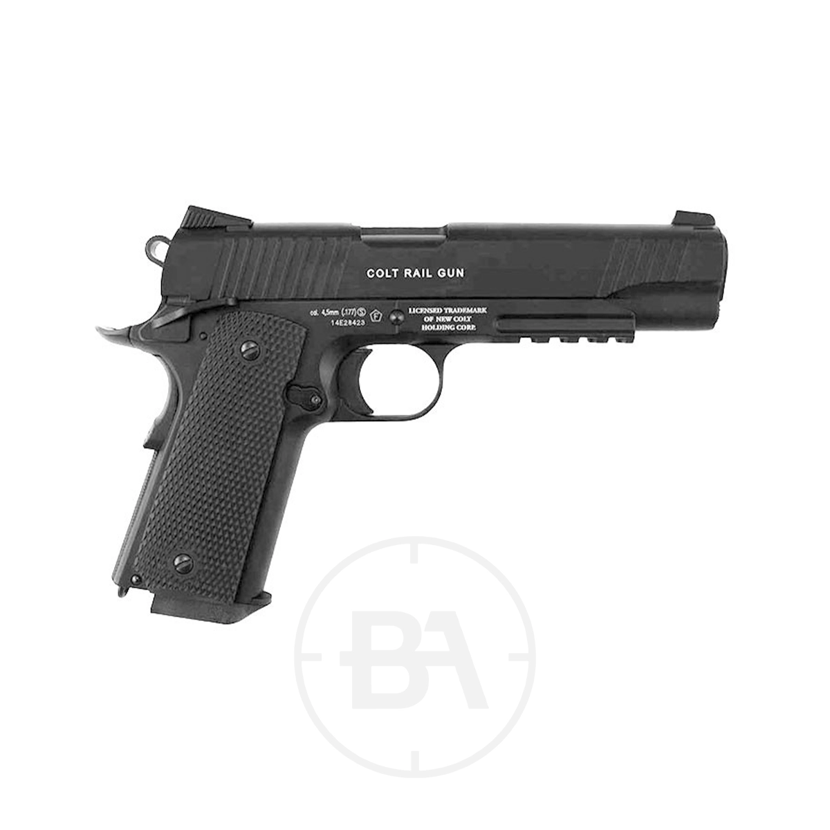 Colt M45 CQBP CO2 BB Pistol 5 A black Colt M45 A1 CQBP CO2 Pistol is displayed on a white background, viewed from the left side.