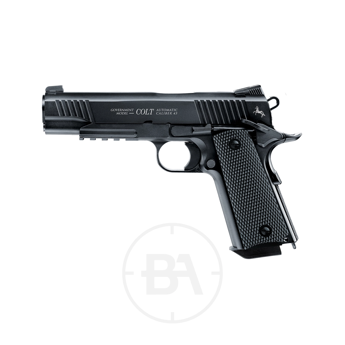 Colt M45 CQBP CO2 BB Pistol 1 A black Colt M45 A1 CQBP CO2 Pistol shown from the side, with a textured grip and visible trigger.