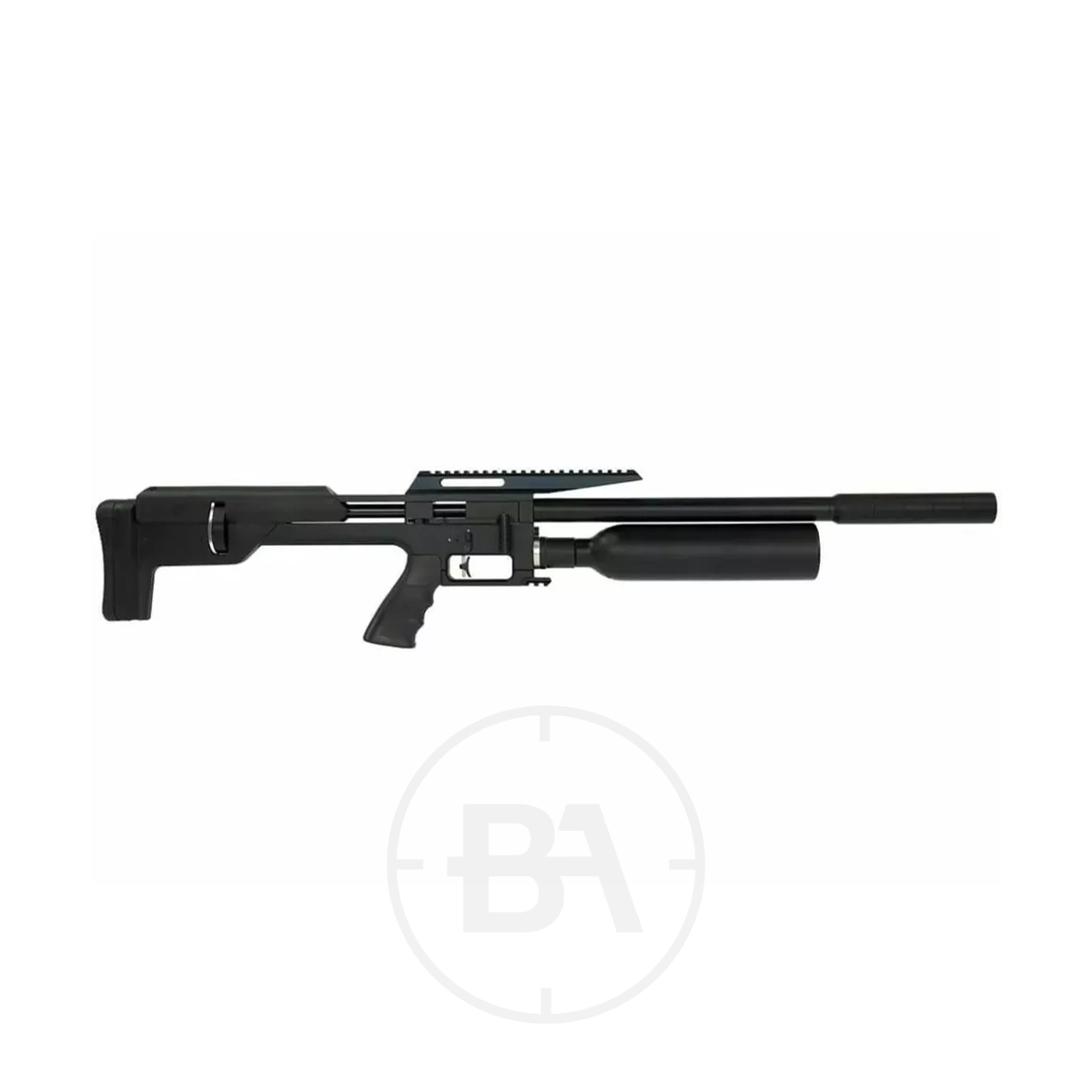 Snowpeak M60B PCP Air Rifle 1 Side view of the Snowpeak M60B PCP Air Rifle, featuring a modern black synthetic stock, long barrel, and air cylinder, displayed against a plain white background.