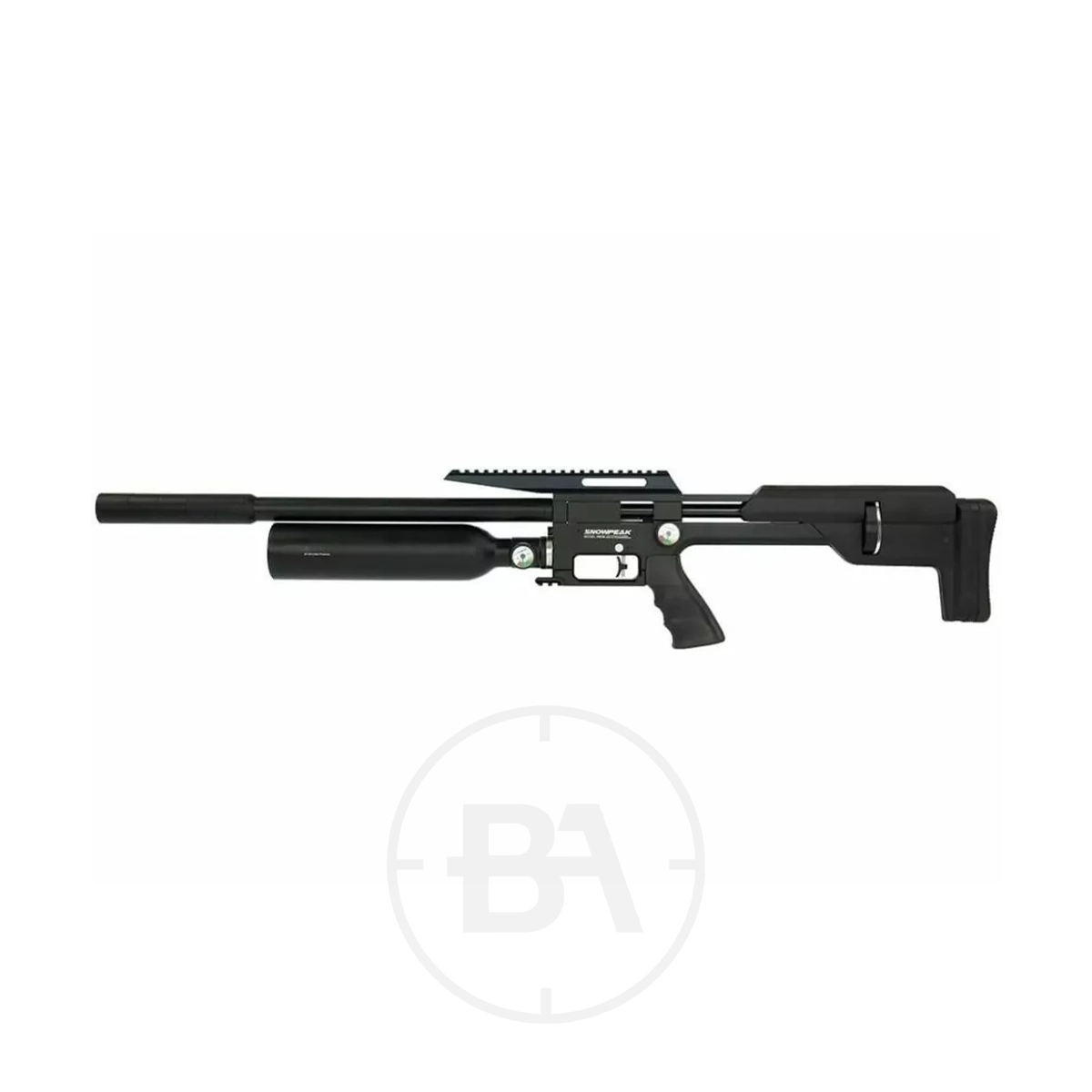 Snowpeak M60B PCP Air Rifle 3 The Snowpeak M60B PCP Air Rifle, featuring a long barrel, tactical stock, and attached air cylinder in black, is displayed on a white background.