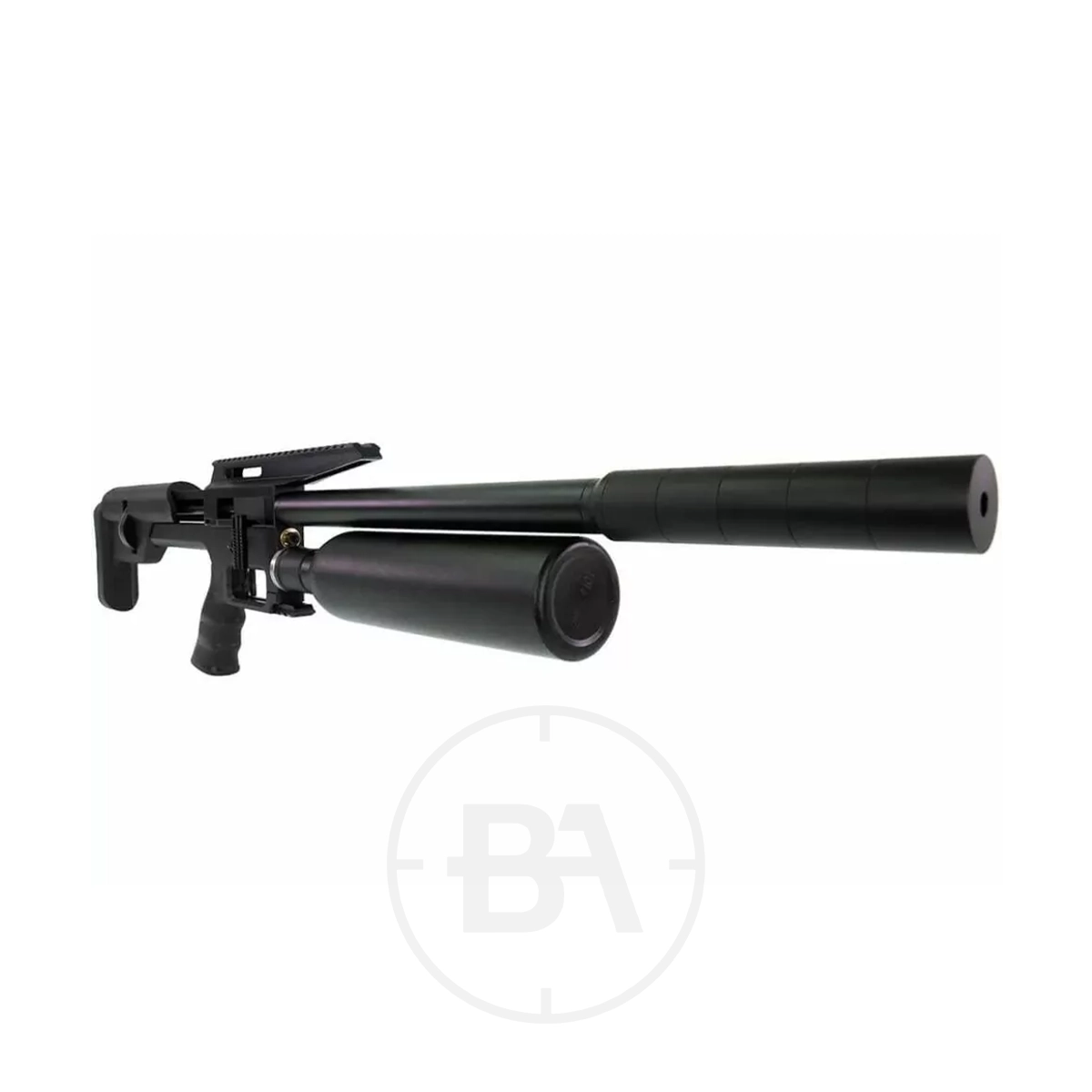 Snowpeak M60B PCP Air Rifle 5 The Snowpeak M60B PCP Air Rifle, featuring a black finish, attached suppressor, and large air cylinder, is displayed on a white background.