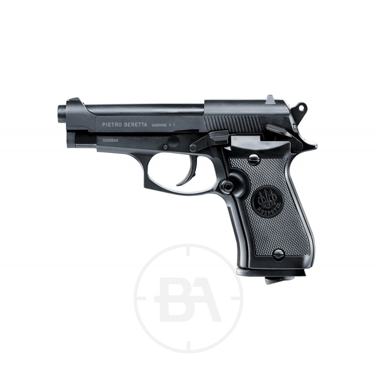 Beretta M84 FS CO2 Pistol 1 A Beretta M84 FS CO2 Pistol in black is displayed from the side against a white background.
