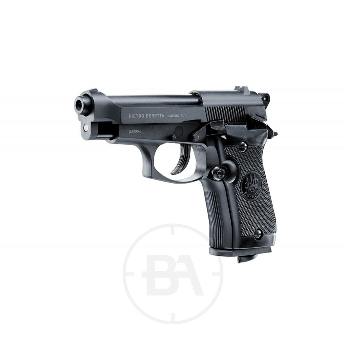Beretta M84 FS CO2 Pistol 3 A Beretta M84 FS CO2 Pistol in black with a textured grip is displayed in side view on a white background.
