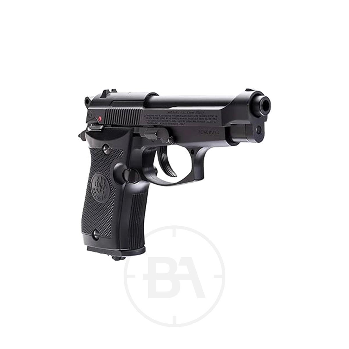 Beretta M84 FS CO2 Pistol 7 The Beretta M84 FS CO2 Pistol in black features a textured grip and is shown from the side on a plain white background.