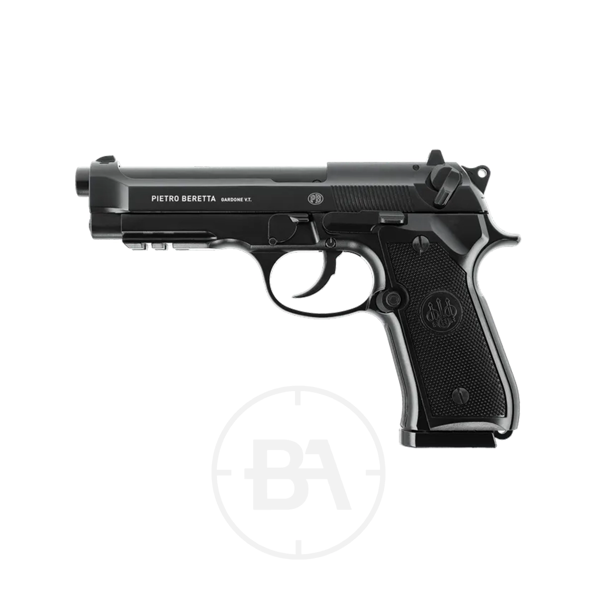 Beretta M92 A1 CO2 BB Pistol 1 A Beretta M92 A1 CO2 BB Pistol is displayed on a white background, highlighting its side profile with visible trigger, grip, and "Pietro Beretta" branding on the slide.