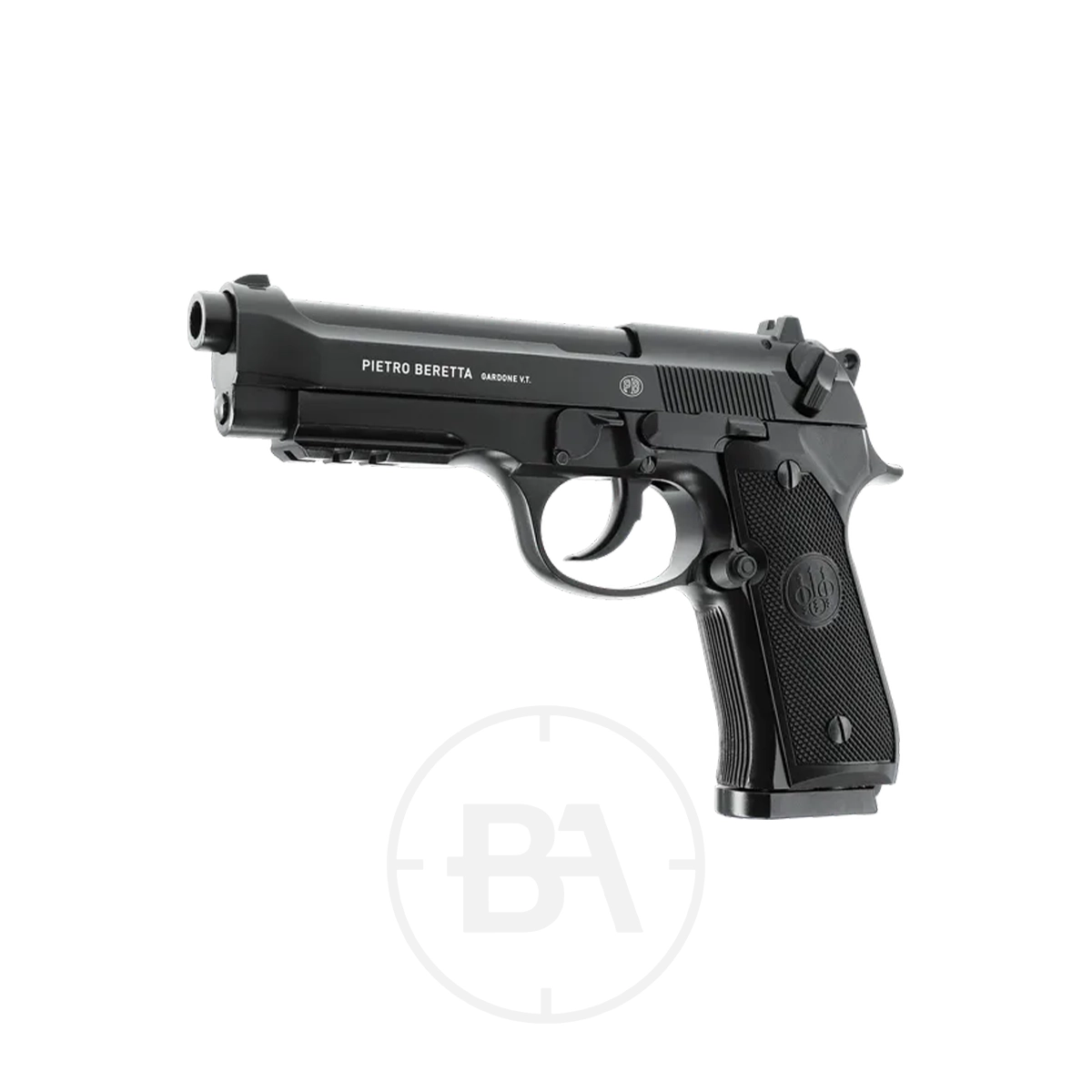 Beretta M92 A1 CO2 BB Pistol 2 A black Beretta M92 A1 CO2 BB pistol is shown at a slight angle against a white background, revealing the side and part of the grip.