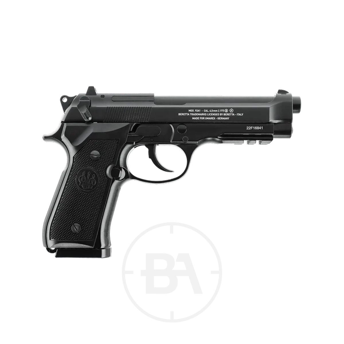 Beretta M92 A1 CO2 BB Pistol 3 The Beretta M92 A1 CO2 BB Pistol in black features a textured grip and safety catch, displayed in side profile on a white background.