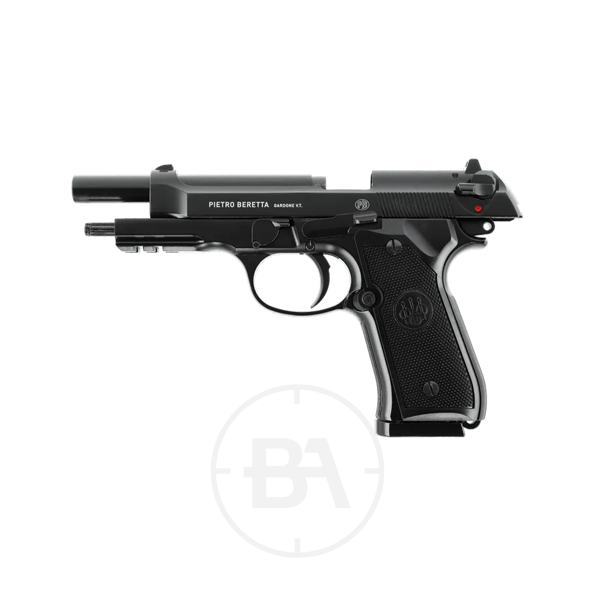Beretta M92 A1 CO2 BB Pistol 4 Side view of the Beretta M92 A1 CO2 BB Pistol in black, slide partially pulled back to reveal barrel and chamber, marked “Pietro Beretta Gardone V.T.”, set against a white background.