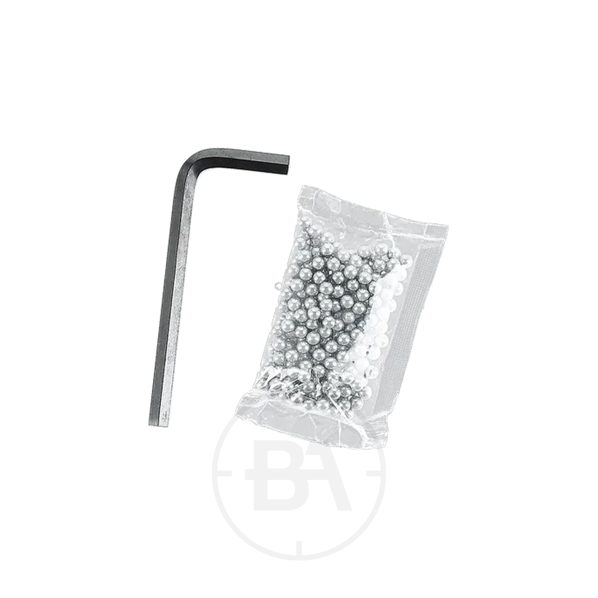 Beretta M92 A1 CO2 BB Pistol 5 A black L-shaped hex key and a small clear bag of metallic ball bearings, accessories for the Beretta M92 A1 CO2 BB Pistol, are displayed on a white background.