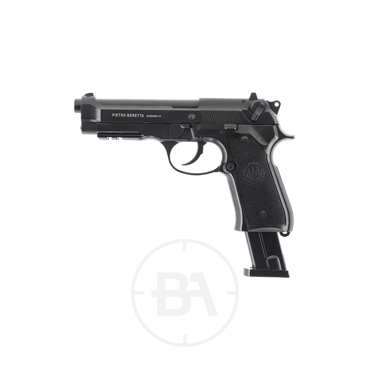 Beretta M92 A1 CO2 BB Pistol 6 A Beretta M92 A1 CO2 BB Pistol is displayed in side profile with a visible magazine and textured grip, set against a white background.