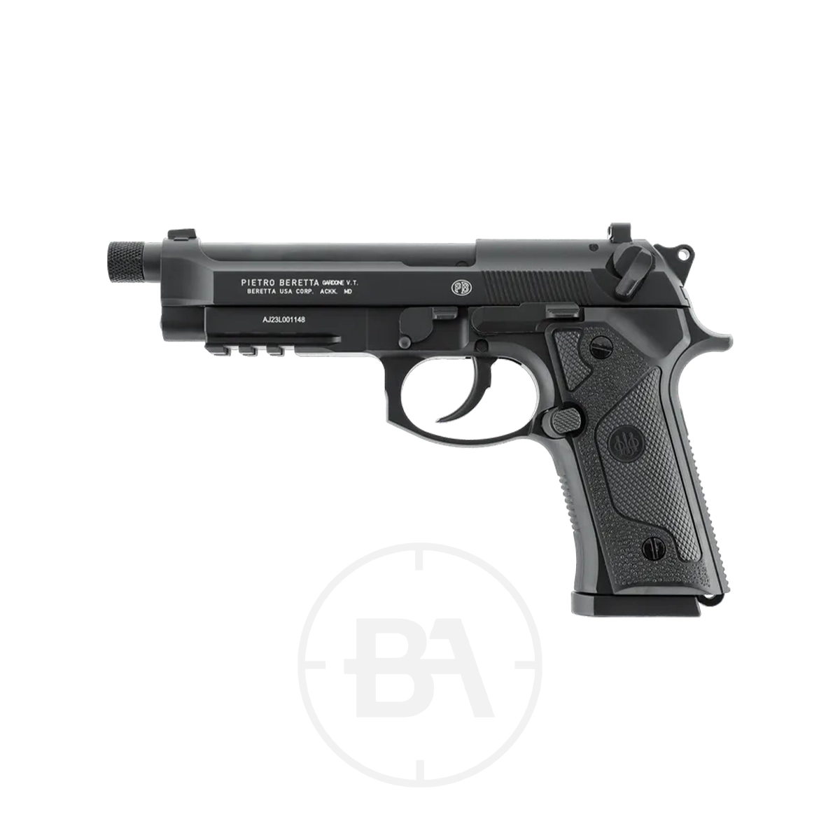 Beretta M9A3 FM CO2 BB Pistol 11 A black Beretta M9A3 full metal semi-automatic handgun is shown in a side view against a plain white background. The pistol has textured grip panels, a threaded barrel, and visible safety and slide release mechanisms.