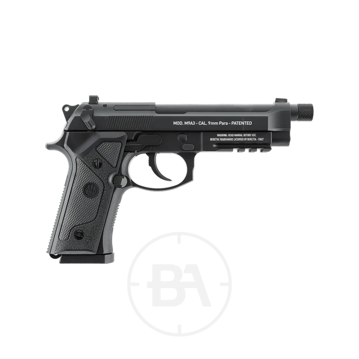 Beretta M9A3 FM CO2 BB Pistol 7 A Beretta M9A3 CO2 Pistol Full Metal in black with a textured grip, marked "MOD. M9A3 - CAL. 9mm Para - PATENTED," displayed on a white background featuring a faint circular logo beneath it—realistic in appearance.