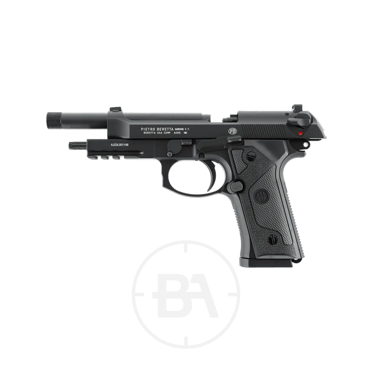 Beretta M9A3 FM CO2 BB Pistol 9 A Beretta M9A3 CO2 Pistol Full Metal in black, featuring a textured grip with a visible trigger and barrel, is displayed against a plain white background.
