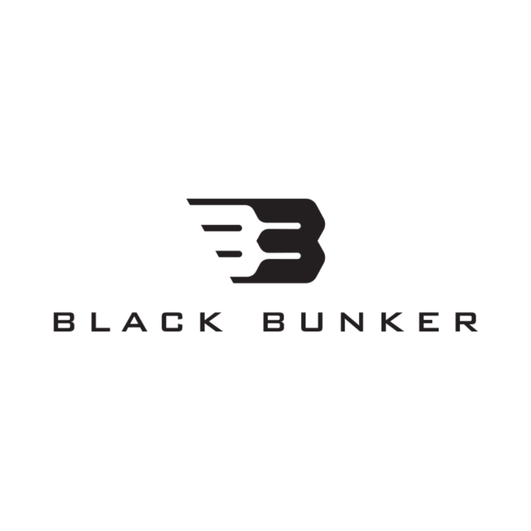 A black stylized letter "B" with horizontal lines suggesting speed appears above the words "BLACK BUNKER" in capital letters on a white background.
