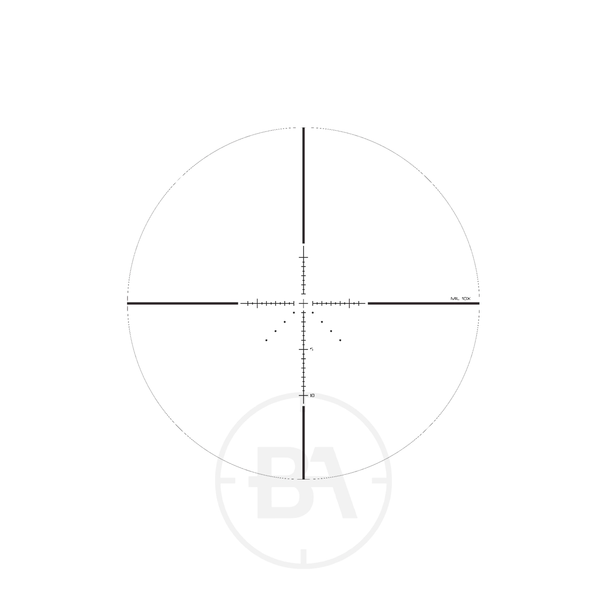 Optisan CP 10x32 SFP MH10 Rifle Scope 2 The Optisan CP 3-12x32 SFP MH10 Compact Rifle Scope features a sniper reticle with thick horizontal and vertical centre lines, finer hash marks, and small range-estimating dots—all set against a white background.